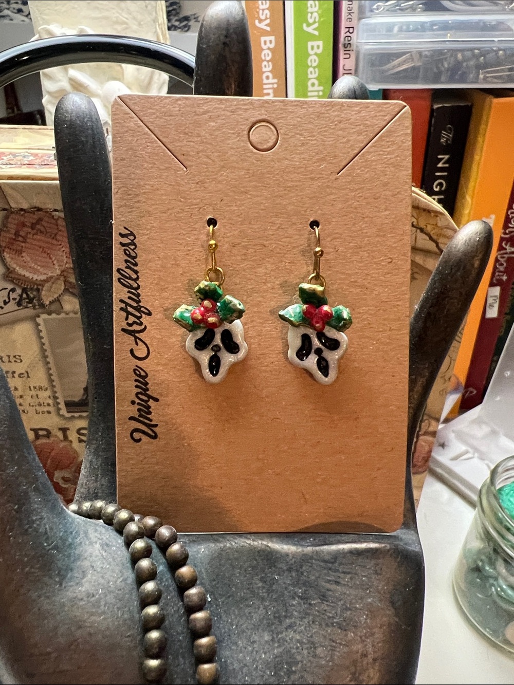 Hand Crafted polymer clay Green and Red Scream Holly Dangle Earrings